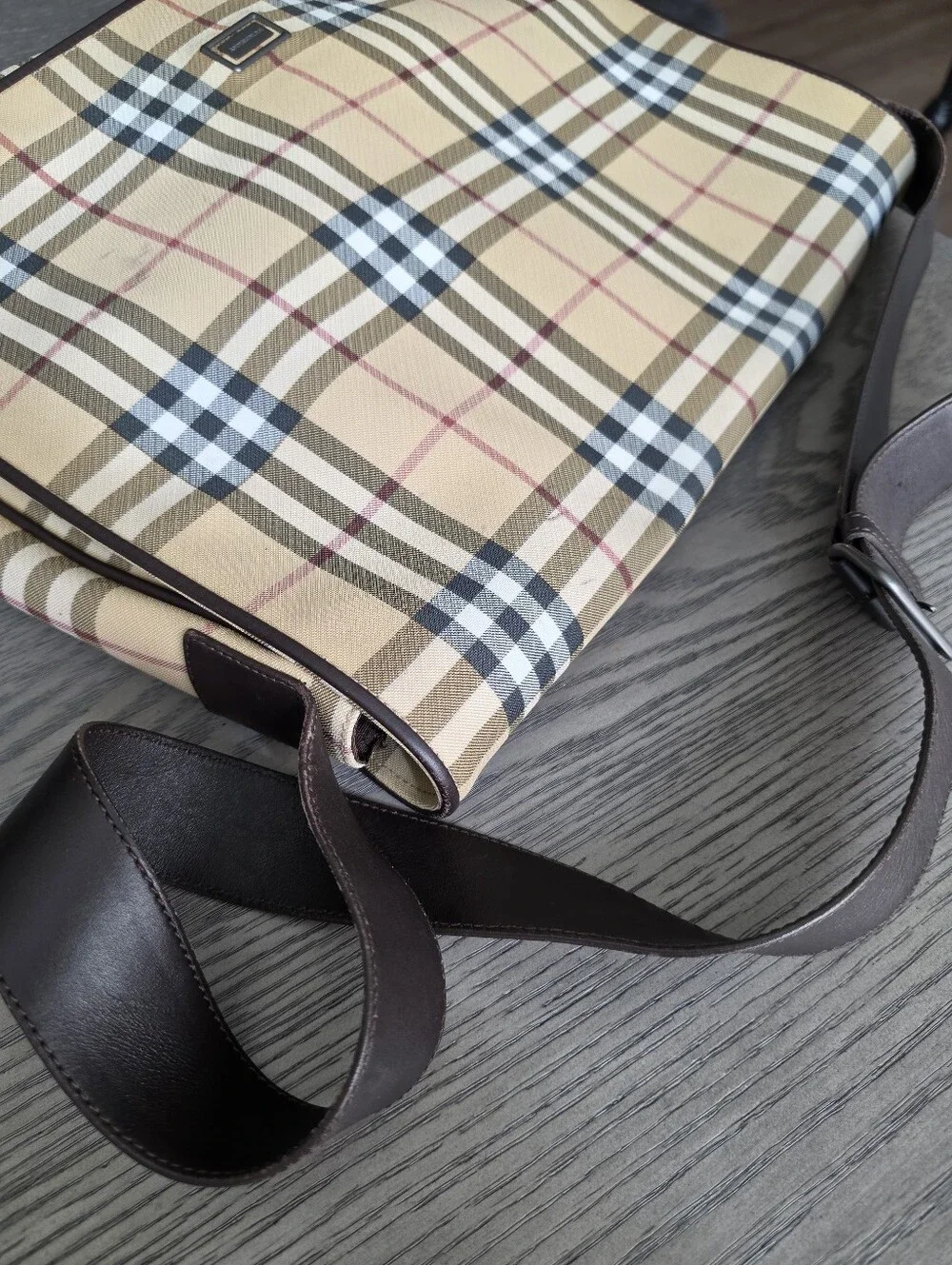 Authentic Burberry Classic Plaid Messenger Bag in Beige with Brown Leather Trim